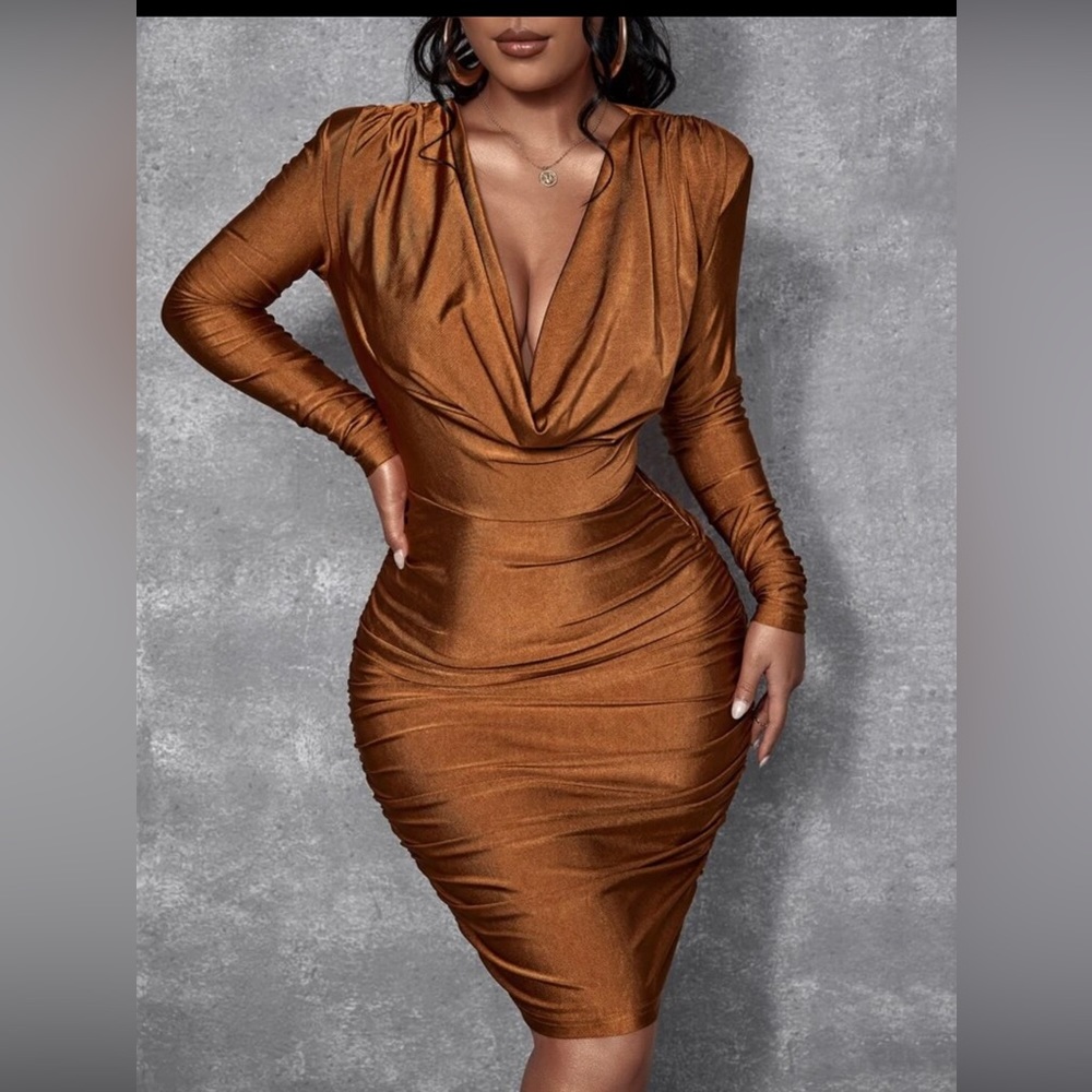 SHEIN SXY Deep V Neck Ruched Bodycon Dress